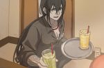  :d black_hair commentary_request cup drinking_glass fate/grand_order fate_(series) fingernails green_eyes grey_jacket hair_between_eyes holding jacket jewelry long_hair looking_at_viewer male_focus mi_(pic52pic) necklace open_mouth smile solo tattoo tray very_long_hair yan_qing_(fate/grand_order) 