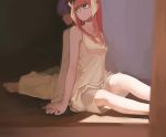  1girl absurdres back-to-back bangs black_hair closed_eyes collarbone commentary couple darling_in_the_franxx flower green_eyes hair_flower hair_ornament hetero highres hiro_(darling_in_the_franxx) holding_hands horns long_hair looking_back myrt1e nightgown oni_horns pink_hair red_horns sitting sleeveless white_nightgown white_pajamas zero_two_(darling_in_the_franxx) 