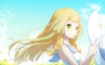  blonde_hair blue_sky braid cloud day dress from_side green_eyes hat hat_removed headwear_removed holding holding_hat lillie_(pokemon) long_hair looking_to_the_side miu_(miuuu_721) petals pokemon pokemon_(game) pokemon_sm side_braid sky sleeveless sleeveless_dress solo sun_hat twin_braids white_dress white_hat 