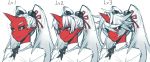  bangs black_neckwear black_ribbon closed_mouth collared_shirt horn long_hair neck_ribbon oni oni_horn original red_ribbon red_skin ribbon shirt simple_background skj smile twintails very_long_hair white_background white_shirt wing_collar yellow_eyes 