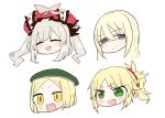  3girls :d blonde_hair blush chibi closed_eyes closed_mouth commentary_request facing_viewer fang fate/grand_order fate_(series) fionn_mac_cumhaill_(fate/grand_order) green_eyes green_hat grey_hair hair_between_eyes hair_ornament hair_scrunchie hat highres jako_(jakoo21) looking_at_viewer marie_antoinette_(fate/grand_order) mordred_(fate) mordred_(fate)_(all) multiple_girls open_mouth paul_bunyan_(fate/grand_order) ponytail red_scrunchie scrunchie sharp_teeth simple_background smile teeth twintails v-shaped_eyebrows white_background 