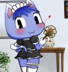  &lt;3 animal_crossing blue_fur blush butt clothed clothing cute feather_duster feline female fur looking_at_viewer looking_back maid_uniform mammal mirror mrmochi nintendo plant rosie_(animal_crossing) short_stack smile solo table uniform vase video_games 