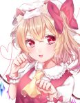  :3 animal_ears arms_up bangs blonde_hair breasts cat_ears cravat crystal eyelashes flandre_scarlet frilled_shirt_collar frills hair_between_eyes hair_ribbon hat head_tilt heart heart_of_string kemonomimi_mode kuramira light_blush looking_at_viewer mob_cap open_mouth paw_pose puffy_short_sleeves puffy_sleeves red_eyes red_string red_vest ribbon shirt short_hair short_sleeves side_ponytail simple_background small_breasts smile solo string touhou upper_body vest white_background white_shirt wings wrist_cuffs yellow_neckwear 