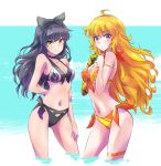  :o ahoge arm_behind_back bikini black_hair blake_belladonna blonde_hair bow breasts cleavage commentary hair_bow highres holding_own_arm iesupa long_hair multiple_girls navel prosthesis prosthetic_arm purple_eyes rwby swimsuit wavy_hair yang_xiao_long yellow_eyes 