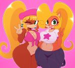  anthro ape bandicoot big_breasts blush bottomless breasts cleavage clothed clothing coco_bandicoot crash_bandicoot_(series) dixie_kong donkey_kong_(series) featureless_crotch female hair mammal marsupial nintendo one_eye_closed pants primate shirt smile sssonic2 video_games wink 