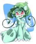  anthro blush breasts bulbasaur female flat_chested flora_fauna green_hair green_nipples hair happy looking_at_viewer nintendo nipples nude open_mouth open_smile plant pok&eacute;mon pok&eacute;mon_(species) rabidcream red_eyes scalie simple_background sitting smile solo teeth tongue video_games 
