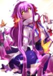  ahoge black_sclera bug butterfly commentary_request flower frills hair_ribbon insect light_smile long_bangs long_hair looking_to_the_side midriff mumu_yu_mu original purple_hair ribbon skirt thighhighs yellow_eyes 