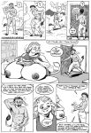  2001 ? anthro areola balls big_balls big_breasts big_penis black_and_white bovine breasts cattle clothed clothing comic dialogue digital_media_(artwork) donkey eating english_text equine female flaccid huge_breasts hyper hyper_breasts karno male mammal monochrome muscular muscular_male nipples nude outside pants partially_clothed penis plot_twist speech_bubble text topless 