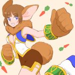  animal_ears arms_up blue_eyes breasts brown_hair bunny_ears chrono_cross cleavage cleavage_cutout commentary_request fur groin janice looking_at_viewer mizushima_(kazami4) monster_girl paws short_hair shorts solo tail 