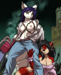  2018 anthro army_of_darkness black_hair blue_eyes breasts canine castle chainsaw cleavage clothed clothing cosplay dipstick_ears dipstick_tail dress duo erect_nipples female fox furball hair harness kneeling looking_at_viewer mammal multicolored_tail navel night nipples open_mouth open_shirt outside pants pink_eyes purple_hair red_panda ringed_tail smile standing tools torn_clothing 