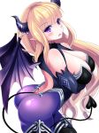 1girl artist_request ass bare_shoulders blonde_hair blush bodysuit breast_support breasts character_request cleavage copyright_request crossed_arms demon_girl demon_horns demon_tail demon_wings elbow_gloves fang gloves horns large_breasts long_hair looking_at_viewer open_mouth pointy_ears purple_eyes shiny shiny_clothes shiny_hair shiny_skin skin_tight solo succubus tail very_long_hair wings 