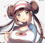  1girl ? artist_name blue_eyes blush breasts brown_hair double_bun eyebrows_visible_through_hair female flying_sweatdrops grey_background hand_up hat japanese_text large_breasts looking_at_viewer mei_(pokemon) open_mouth pink_hat poke_ball_theme pokemon pokemon_(game) pokemon_bw2 ririmon shirt simple_background solo speech_bubble tied_hair translation_request twintails twitter_username upper_body visor_cap white_shirt 