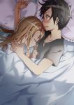  1girl abec asuna_(sao) bed_sheet black_hair black_shirt blush brown_hair closed_eyes collarbone colorized couple embarrassed frilled_pillow frills from_above kirito long_hair lying novel_illustration official_art on_side open_mouth pillow poi_himeya shirt sleeping sword_art_online under_covers upper_body 