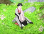  1girl absurdres bandages black_cloak black_hair blue_eyes blush cloak closed_eyes coat commentary couple crying darling_in_the_franxx flower fur_trim green_eyes grey_coat hetero highres hiro_(darling_in_the_franxx) hood hooded_cloak horns hug long_hair oni_horns parka pink_hair red_horns red_skin seiza sitting spoilers tears tree user_sanz3828 winter_clothes winter_coat younger zero_two_(darling_in_the_franxx) 