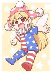  :d american_flag_dress american_flag_legwear blonde_hair blush chibi clownpiece commentary_request fairy_wings hat jester_cap long_hair looking_at_viewer open_mouth outstretched_arms pantyhose poronegi red_eyes short_sleeves smile solo spread_arms star star_print starry_background touhou wings yellow_background 