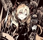  :d black_background black_nails blonde_hair bow cage commentary_request ereshkigal_(fate/grand_order) eyebrows_visible_through_hair fate/grand_order fate_(series) fingernails hair_between_eyes hair_bow hair_ribbon long_hair long_sleeves nail_polish open_mouth orange_eyes orange_ribbon ribbon rioka_(southern_blue_sky) sleeves_past_wrists smile solo tiara twintails 