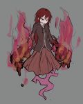  brown_jacket fire grey_background highres jacket long_hair long_sleeves looking_at_viewer molten_rock original oversized_forearms oversized_limbs parted_lips ray-k red_eyes red_hair red_skirt simple_background skirt solo 