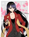  black_hair breasts cigarette cleavage collarbone commentary_request cosplay fate/grand_order fate_(series) formal green_eyes hand_in_pocket kyouna lord_el-melloi_ii saint_martha scarf smoke smoking solo suit vest waver_velvet waver_velvet_(cosplay) 