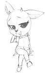  2018 aggressive_retsuko anthro arm_support bedroom_eyes cervine clothed clothing crossed_legs dotkwa female greyscale half-closed_eyes horn leaning_on_elbow mammal monochrome seductive simple_background sitting solo tsunoda white_background 