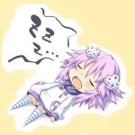  chibi closed_eyes d-pad hair_ornament iwasi-r lying neptune_(choujigen_game_neptune) neptune_(series) on_back purple_eyes purple_hair short_hair sleeping solo striped striped_legwear 