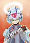  android capcom dated forehead_jewel gloves gradient gradient_background green_eyes halo helmet highres holding long_sleeves looking_down male_focus portrait puffy_sleeves red_background rockman rockman_zero signature smile solo sumomo white_gloves x_(rockman) 
