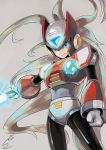  android blue_eyes capcom clenched_hand cowboy_shot dated energy_blade energy_sword gloves grey_background helmet highres holding lightsaber long_hair male_focus outstretched_arms power_armor rockman rockman_x signature simple_background smile solo sumomo sword weapon white_gloves zero_(rockman) 