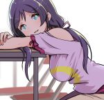  aqua_eyes bow breasts chair commentary_request eyebrows_visible_through_hair from_side hand_on_own_arm large_breasts leaning_on_object long_hair love_live! love_live!_school_idol_project off-shoulder_shirt parted_lips pink_bow purple_hair purple_shirt shipii_(jigglypuff) shirt short_sleeves shoulder_cutout sitting smile solo table toujou_nozomi twintails 
