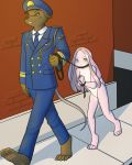  2014 4_toes 5_fingers anthro arms_tied arrest arrested bound clothed clothing cub drychicken duo female fully_clothed fur green_eyes lagomorph male mammal nipples nude outside pink_fur rat rodent simple_background slave toes uniform walking young 