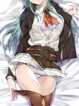  1girl aqua_hair ascot bed_sheet blazer bow bow_bra bra breasts brown_jacket brown_legwear brown_skirt collared_shirt commentary_request frilled_skirt frills grin hand_up head_out_of_frame highres jacket kantai_collection kobayashi_chisato large_breasts long_hair long_sleeves lying miniskirt on_back open_clothes open_jacket orange_neckwear panties parted_lips partially_unbuttoned pleated_skirt purple_bra purple_panties school_uniform shiny shiny_hair shirt shirt_tucked_in sidelocks skirt skirt_lift smile solo suzuya_(kantai_collection) teeth thighhighs thighs undershirt underwear white_shirt wing_collar 