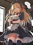  :d alternate_costume apron ass_visible_through_thighs bismarck_(kantai_collection) black_dress black_legwear blonde_hair bow bowtie breasts cat cleavage corset detached_collar dress enmaided german green_eyes hair_ribbon highres holding indoors iron_cross kantai_collection large_breasts long_hair looking_at_viewer maid maid_headdress mop oota_yuuichi open_mouth panties pantyshot pantyshot_(standing) puffy_short_sleeves puffy_sleeves red_bow red_neckwear red_ribbon ribbon short_sleeves smile solo speech_bubble standing thighhighs thighs translated underwear unsinkable_sam waist_apron white_panties window wrist_cuffs 