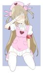  absurdres apron armband bandages blush bunny_hair_ornament buttons closed_mouth collared_shirt covered_eyes donguri_suzume hair_ornament hat heart highres kneeling light_brown_hair long_hair natori_sana nurse_cap open_toe_shoes pink_apron pink_footwear pink_hat protected_link puffy_short_sleeves puffy_sleeves sana_channel shirt short_sleeves simple_background skirt smile solo thighhighs thighs two_side_up virtual_youtuber white_legwear white_skirt zettai_ryouiki 