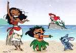  2016 alien ariel_(disney) back_markings beach black_eyes black_hair blue_fur blue_nose blush brown_skin clothed clothing crossover dancing digital_media_(artwork) disney experiment_(species) eyes_closed fur grass_skirt grin group hair hula human jewelry lilo_and_stitch lilo_pelekai mammal marine markings mashi_(wendy_chew) merfolk moana moana_waialiki necklace notched_ear nude open_mouth open_smile pale_skin pointing red_hair sea seashell_bra seaside small_tail smile stitch the_little_mermaid tube_top water 