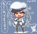  belt big_head black_legwear blue_background blush boots character_name check_translation chibi commentary_request eyebrows_visible_through_hair fang gangut_(kantai_collection) grey_hair hair_ornament hairclip hat highres kantai_collection long_hair military military_jacket military_uniform miniskirt naval_uniform no_nose open_mouth orange_eyes outline pantyhose peaked_cap red_shirt shirt simple_background skirt speech_bubble translation_request twitter_username uniform white_outline 