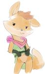  2018 anthro canine cheek_tuft clothed clothing clothing_lift cub dipstick_tail dotkwa elbow_tufts female fox gloves half-closed_eyes head_tuft hood looking_at_viewer mammal multicolored_tail no_underwear pussy simple_background skirt skirt_lift standing tuft tunic_(video_game) white_background young 
