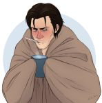  black_hair blanket cold commentary cup grey_background highres holding holding_cup hot_drink looking_at_viewer male_focus mouth_hold noah_asai sebastian_castellanos solo the_evil_within thermometer white_background 