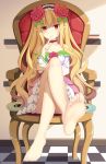 1girl armchair bare_shoulders barefoot blonde_hair dungeon_and_fighter feet finger_to_mouth hair_flower hairband legs_crossed long_hair looking_at_viewer mage_(dungeon_and_fighter) no_shoes pointy_ears pov_feet red_eyes sitting soles toes 