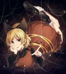  arm_support black_bow black_footwear black_shirt blonde_hair bow brown_dress bug commentary_request dress full_body hair_bow highres index_finger_raised kaede_(mmkeyy) kurodani_yamame long_sleeves looking_at_viewer ponytail shirt shoes silk socks solo spider spider_web touhou white_legwear yellow_eyes 