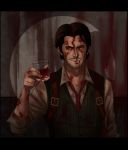  alcohol black_hair bleeding blood collared_shirt commentary cup dark drinking_glass facial_hair green_vest grin highres holding holding_cup indoors injury letterboxed looking_at_viewer male_focus mustache necktie noah_asai red_neckwear sebastian_castellanos shirt smile solo striped striped_neckwear stubble the_evil_within vest white_shirt wine wine_glass yellow_eyes 