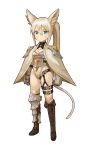  absurdres animal_ear_fluff animal_ears armor armored_boots ass_visible_through_thighs blonde_hair blue_eyes blush boots brown_footwear cat_ears cat_girl cat_tail clenched_hands commentary_request cross-laced_footwear expressionless gloves gold_trim highres korean_commentary legs_apart long_hair long_ponytail looking_at_viewer mismatched_footwear original ponytail simple_background single_thigh_boot solo sookmo standing tail thigh_boots thighhighs thighs very_long_hair white_background 