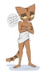  2018 anthro blush breasts cat cleavage clothed clothing dialogue digital_media_(artwork) embarrassed english_text fangs feline female half-closed_eyes khajiit long_tail looking_at_viewer mammal orange_ringtail_thief raydio simple_background skyrim slit_pupils solo standing stripped_tail text the_elder_scrolls towel video_games wet white_background yellow_sclera 