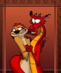  2003 anthro arm_grab bite blush crossover dipstick_ears disney dragon duo ear_biting eastern_dragon eye_contact fingerless_(marking) fur hair herpestid horn humon male male/male mammal meerkat mongoose mulan_(copyright) mushu nervous notched_ear nude orange_fur orange_scales raised_inner_eyebrows red_hair red_scales scales scalie serpentine short_hair simple_background smile standing tan_fur the_lion_king timon toony whiskers 