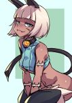  :3 animal_ears bare_shoulders belt_collar black_legwear blonde_hair blue_eyes breasts cat_ears cat_tail closed_mouth commentary crop_top fangs_out green_background looking_at_viewer ms._fortune_(skullgirls) navel short_hair simple_background sitting skullgirls slit_pupils smile smug solo tail thighhighs underboob zakusi 