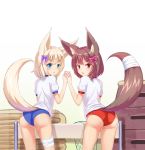  :3 absurdres animal_ears arm_up ass bandages blonde_hair blue_buruma blue_eyes bow brown_eyes brown_hair buruma commentary_request dog_ears dog_tail from_behind gym_storeroom hair_bow hair_ornament highres holding_hands kemo_(pokka) korean_commentary long_tail looking_back mat multiple_girls open_mouth original red_buruma ribbon shirt short_hair smile tail vaulting_horse white_shirt 