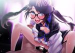  1girl assertive bangs bar_censor baseball_cap black_hair blue_eyes blush censored clothed_sex commentary cowgirl_position eyebrows_visible_through_hair girl_on_top glasses hat hetero idolmaster idolmaster_shiny_colors long_hair long_legs looking_at_viewer mitsumine_yuika nipples open_mouth penis pov pubic_hair pussy sex smile solo_focus spread_legs straddling tkhs twintails vaginal 