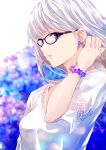  bangs black-framed_eyewear blurry blurry_background bokeh bracelet breasts commentary depth_of_field earrings eyebrows_behind_hair floral_background flower flower_bracelet flower_earrings glasses highres hydrangea jewelry lace long_hair medium_breasts nabeshima_tetsuhiro original parted_lips purple_eyes shirt short_sleeves silver_hair solo upper_body white_shirt 