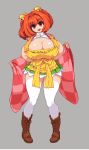  apron areola_slip areolae bangs bell boots breasts checkered checkered_kimono commentary_request covered_nipples curvy full_body hair_bell hair_ornament huge_breasts japanese_clothes kimono long_sleeves looking_at_viewer lowres motoori_kosuzu pigeon-toed pixel_art red_eyes red_hair simple_background skindentation skirt smile solo standing takorin thighhighs touhou wide_sleeves 