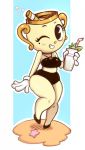  2018 animate_inanimate beverage bikini clothing cuphead_(game) digital_media_(artwork) female gloves hi_res holding_object humanoid looking_at_viewer ms._chalice not_furry object_head one_eye_closed secretly_saucy smile solo swimsuit wink 