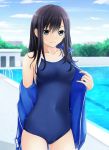  black_hair blue_eyes blue_jacket blue_swimsuit blurry breasts competition_school_swimsuit cowboy_shot depth_of_field jacket long_hair looking_at_viewer medium_breasts nonaka_ritsu one-piece_swimsuit open_clothes open_jacket original pool school_swimsuit solo standing swimsuit 