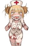  bandaged_arm bandaged_leg bandages blonde_hair blood bloody_bandages bloody_clothes blush boku_no_hero_academia collared_shirt double_bun fangs hat looking_at_viewer nurse nurse_cap shirt simple_background slit_pupils solo sookmo teeth toga_himiko white_background white_shirt yellow_eyes 