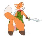  animal_genitalia animal_penis anthro balls big_butt butt canine canine_penis clothing fox knot male mammal melee_weapon open_mouth penis pink_penis simple_background solo sword thick_thighs tunic_(video_game) twistedlilheart video_games weapon wide_hips 